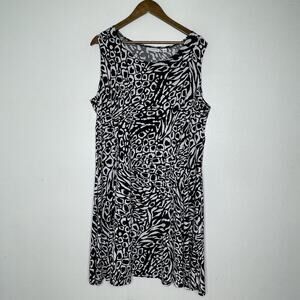 Susan Graver Dress Womens 1X Black White Animal Print Sleeveless Stretch Knit